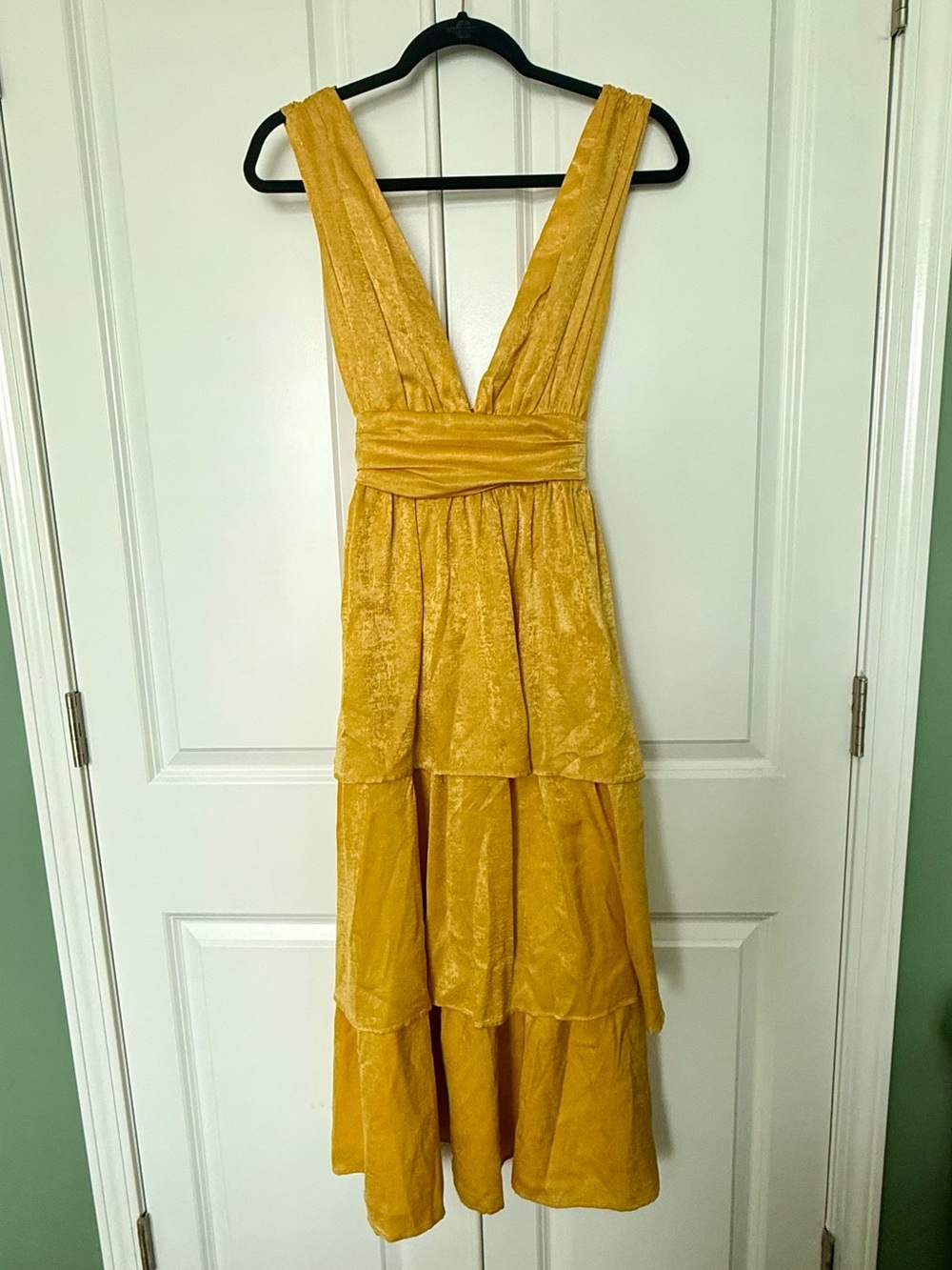 Lulu's Peak Party Vibe Mustard Yellow Satin Tiered Tie-Back Midi Dress